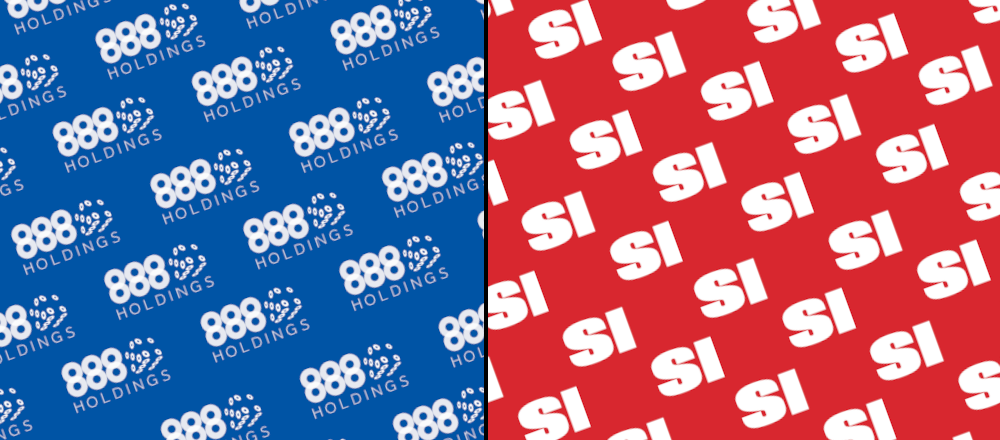 a split image. on the left side, a blue background with the 888holdings logo in a repeating pattern. on the right, a red background with the sports illustrated-branded SI sportsbook logo in a repeating pattern.