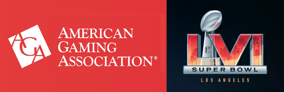 A logo for the American Gaming Association on a red background is next to the logo for Super Bowl XVI on a black background. According to the AGA, $7.16 Billion Will Be Wagered on Super Bowl with more than 31 million Americans expected to place bets.