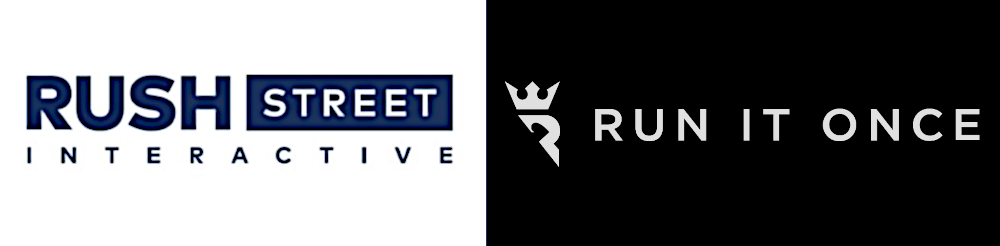 Rush Street Interactive Logo and Run it Once Poker Logo seen on a solid background, in reference to the recent acquisition of RIO by RSI -- a move which should help the company be profitable by next year.
