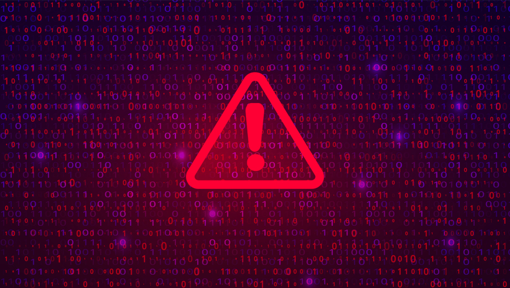 lines of binary code in the background with a red caution sign on top. Abstract Technology Binary Code Dark Red Background. Cyber Attack, Ransomware, Malware, Scareware Concept
