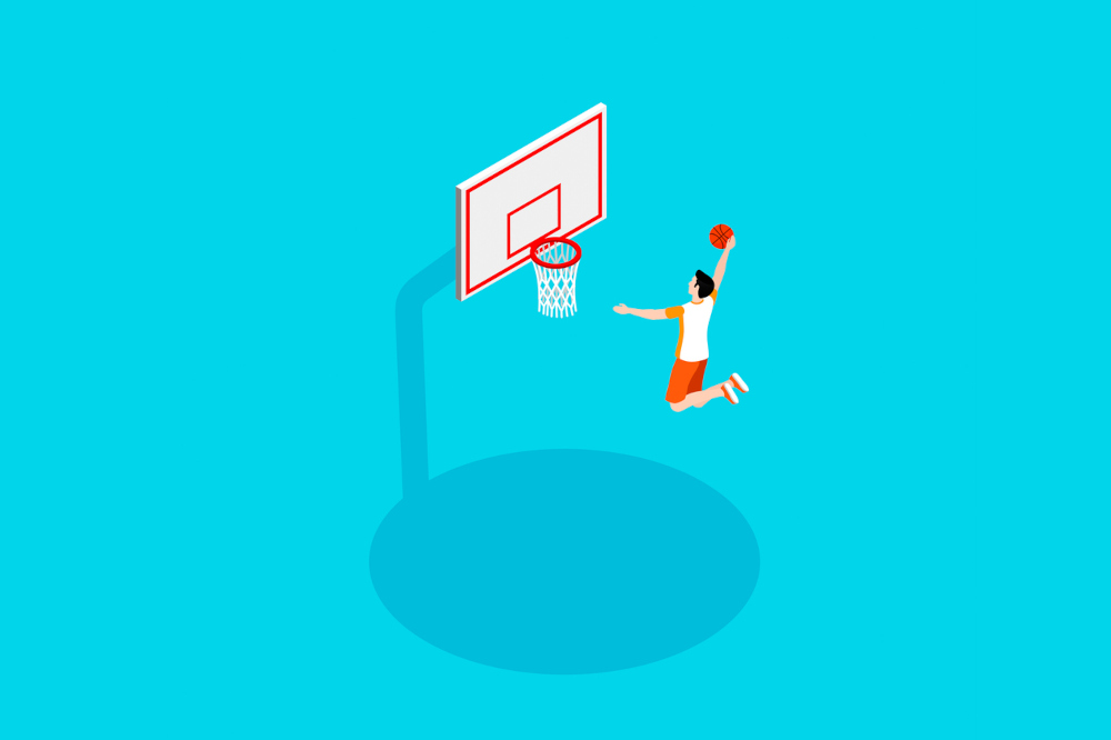 isometric illustration depicting a man in a basketball uniform slam dunking a basketball in the hoop.