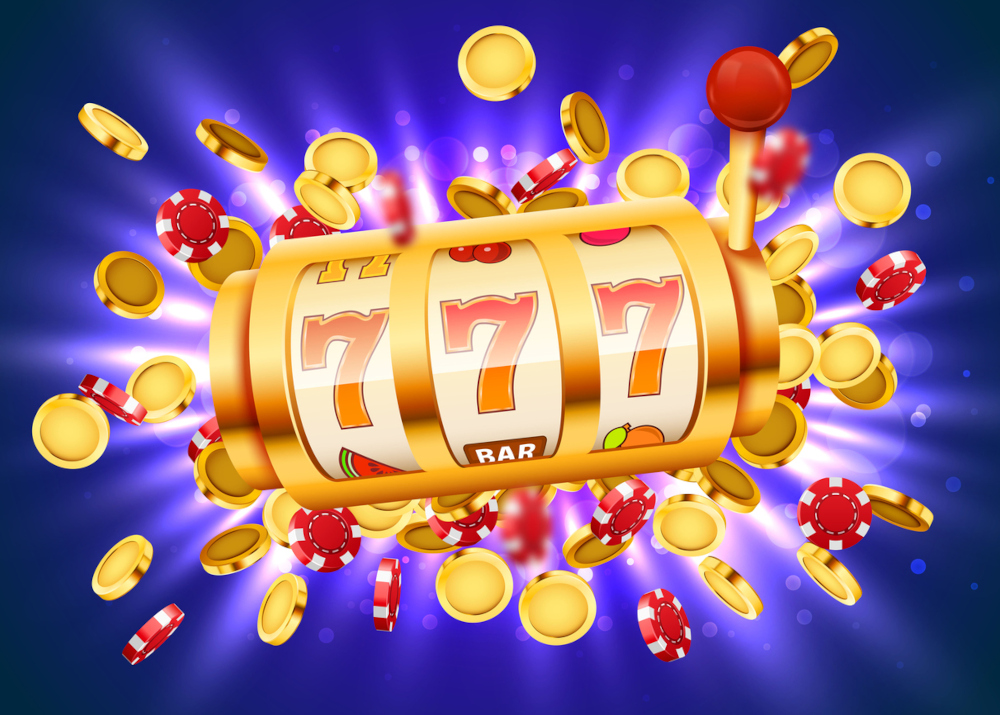 Illustration of a slot machine reels hitting 7-7-7 jackpot and coins flying out from behind it. winning a big jackpot is the goal of every slots fan at us online casinos.