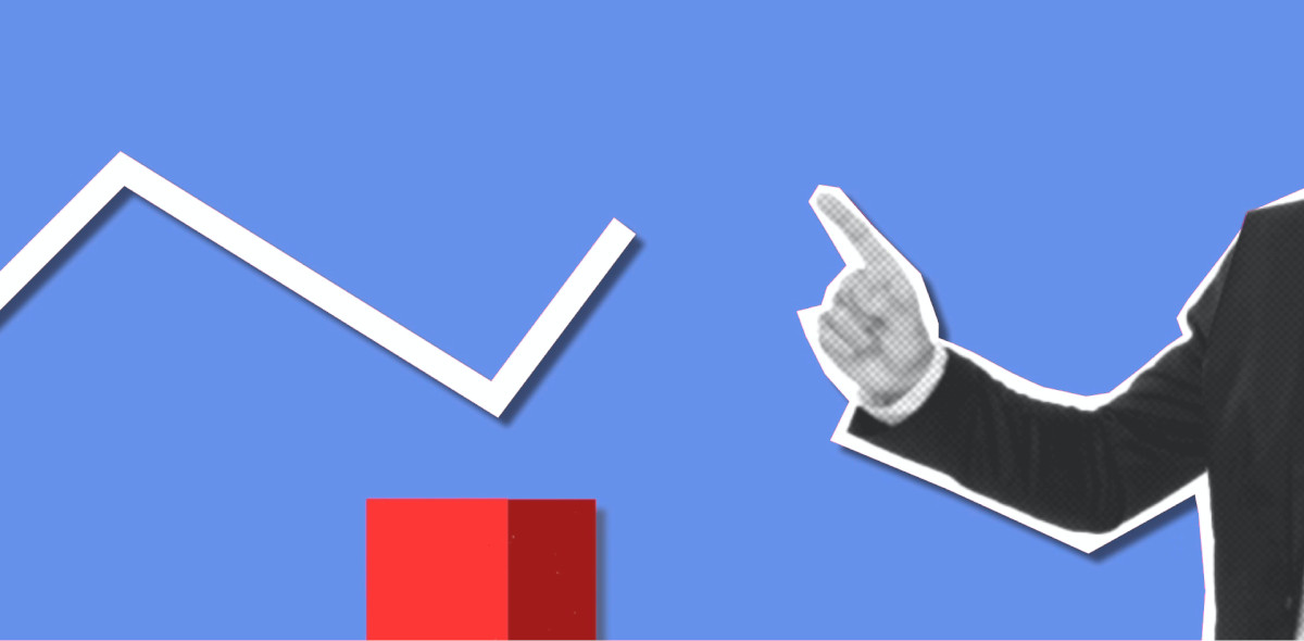 a graphic collage-style illustration of a line graph showing increasing revenue and a hand pointing upwards.