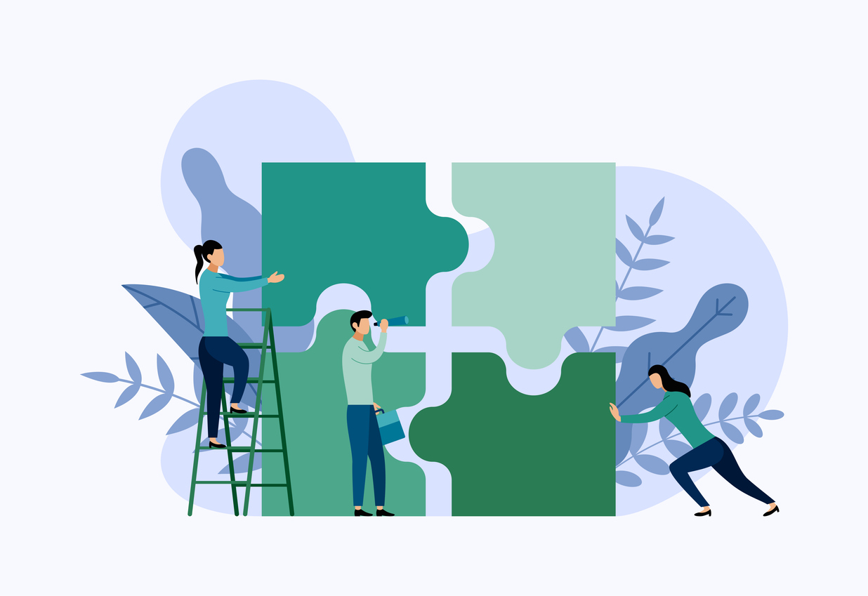 illustration of 4 people pushing together 4 green puzzle pieces, representing the 4 states of MSIGA -- new jersey, nevada, delaware, and (soon) michigan -- which come together to forma an interstate online poker compact.
