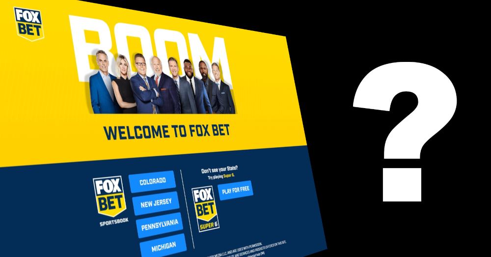 a screenshot of the FOX Bet sports betting website against a black background. next to it is a white question mark. Flutter's Recent Cross-Product Moves Raise a Question: What Should It Do With FOX Bet?