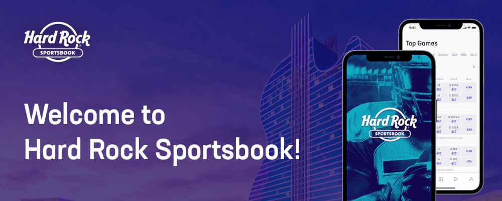 Promo Image that says "Welcome to Hard Rock Sportsbook!" on a purple background with a cell phone displaying the Hard Rock mobile sports betting app on its screen,
