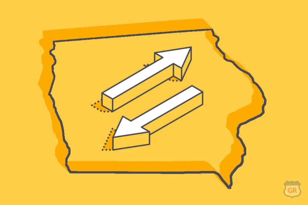 an illustration of two arrows, one pointing left and the other pointing right are seen on a yellow background. surrounding the arrows is the outline of the state of Iowa.
