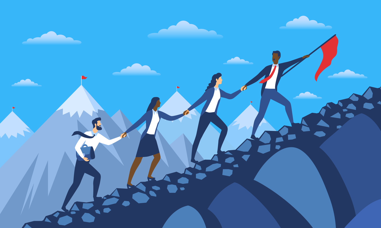 illustration of diverse group of people in business suits holding hands and climbing up a mountain while the one in front leads, holding a red flag.