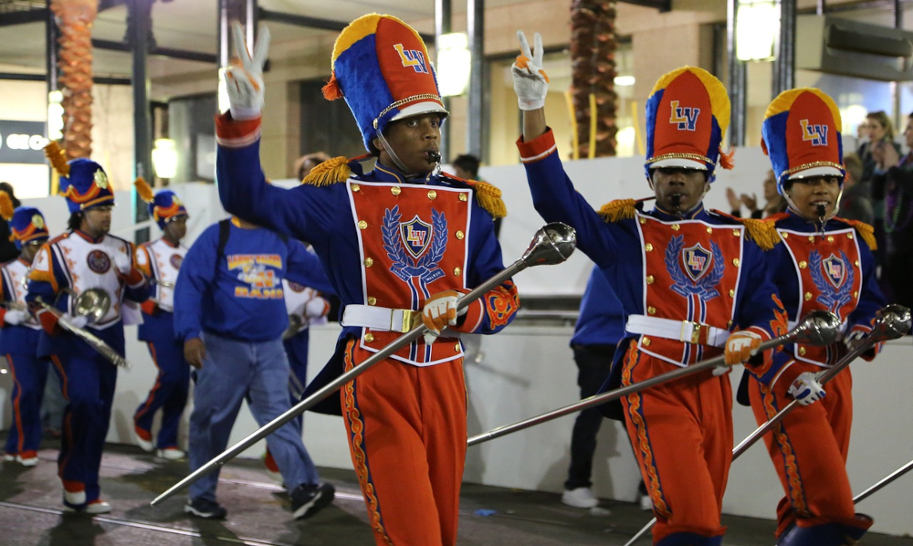 Marching band in parade celebrating the launch of legal online sports betting the the state of Louisiana. The first 6 mobile sportsbooks went live on Friday Jan 28, 2022, to great celebration.