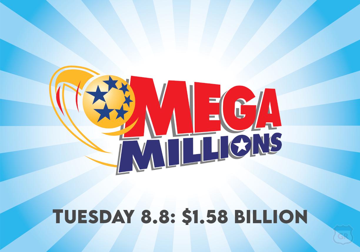 A blue starburst pattern with the mega millions logo and text saying "Tuesday 8,8: $1.58 Billion"