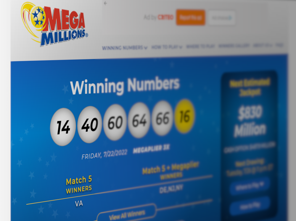 Screenshot of Mega Millions website, showing last winning numbers & stating the next drawing will be tuesday & the jackpot is currently at $830 million.Mega Millions Jackpot Hits $830 Million, Third-Largest in History
