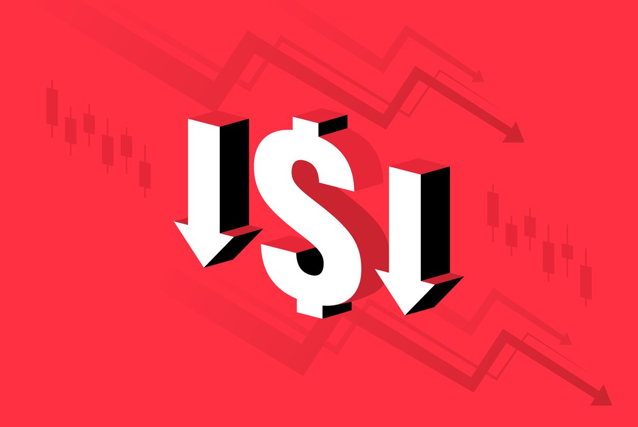 stylized illustration of a dollar sign with downward pointing arrows on a red background