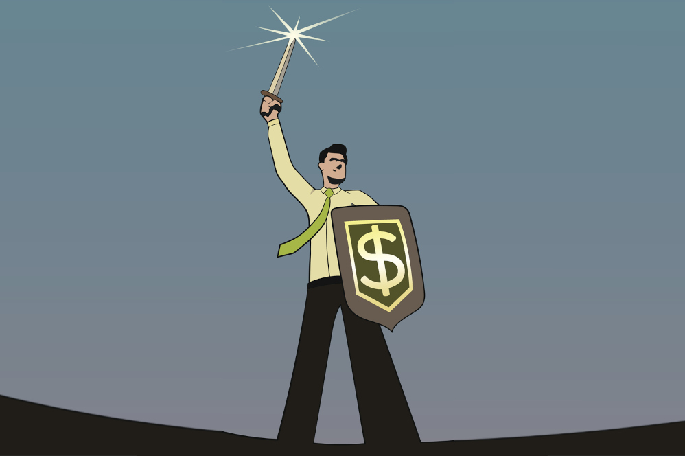 Illustration of a businessman knight -- a man in a suit holding a sword in one hand and a shield with a big dollar sign on it in the other, representing the gaming industry and their money trying to fight for online sports betting in california.