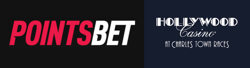 Solid black and blue background with the logo for gaming company Pointsbet on the left and the logo for its land-based partner, Hollywood Casino at Charles Town Races, on the right. Through this partnership, PointsBet online casino has launched in WV.