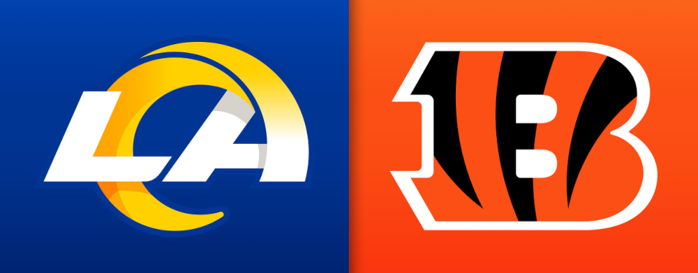 The Los Angeles Rams NFL team logo is seen on a blue background and the Cincinnati Bengals NFL team logo is seen on an orange background. Sports fans are getting to watch the Rams & Bengals face off in Super Bowl LVI on Sunday.