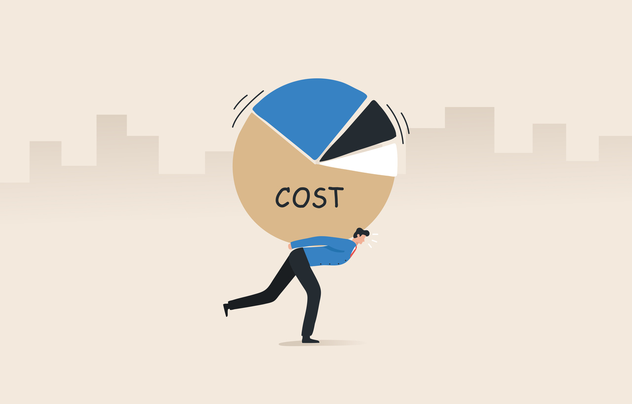 illustration of a businessman in a suit, bent over, bearing the weight of heavy costs as illustrated by a pie chart on his back.