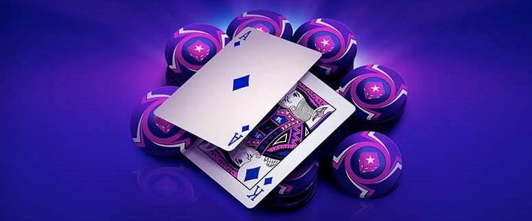 3D rendering of purple poker chips and Ace and King playing cards -- the most desirable blackjack hand -- on a purple background. 