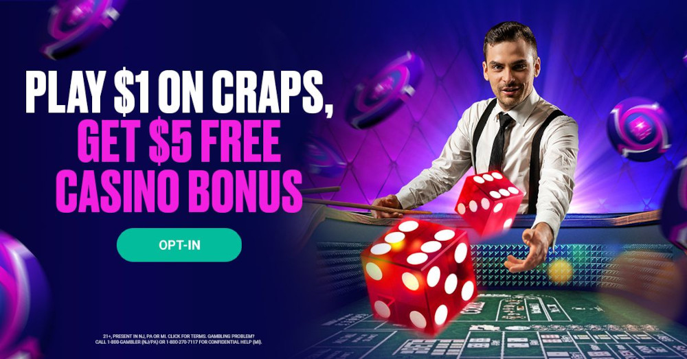 promo image of well-dressed clean-cut man standing in front of craps table shooting the dice with the words "play $1 on craps. get $5 free casino bonus" advertising Stars Casino's current game of the week promotion 