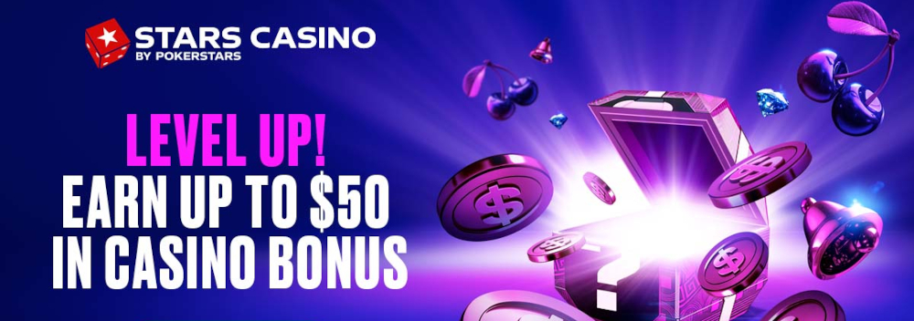 Promotional Image for Level Up, Stars Casino's Latest Game of the Week Promo, advertising that you can earn up to $50 in free casino credits.