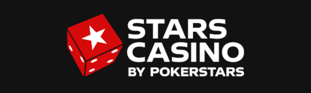 Black background with the logo for Stars Casino, the online casino product from poker giant PokerStars, Logo includes a red dice with a star on it. 