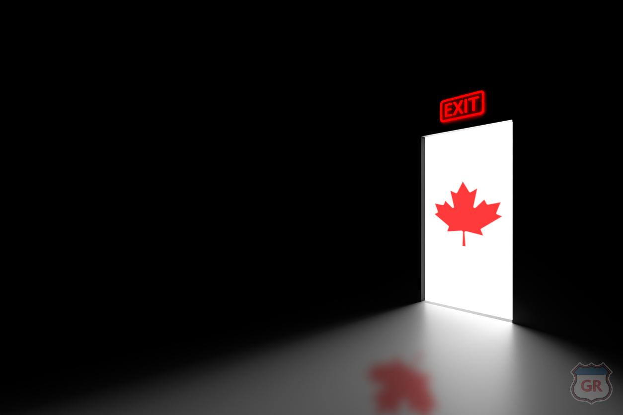 a dark room with a light emanating from an open doorway. in the doorway is white light and a red maple leaf. above the door is an exit sign. theScore Bet Closing US Sportsbooks on July 1 to Focus on Canada