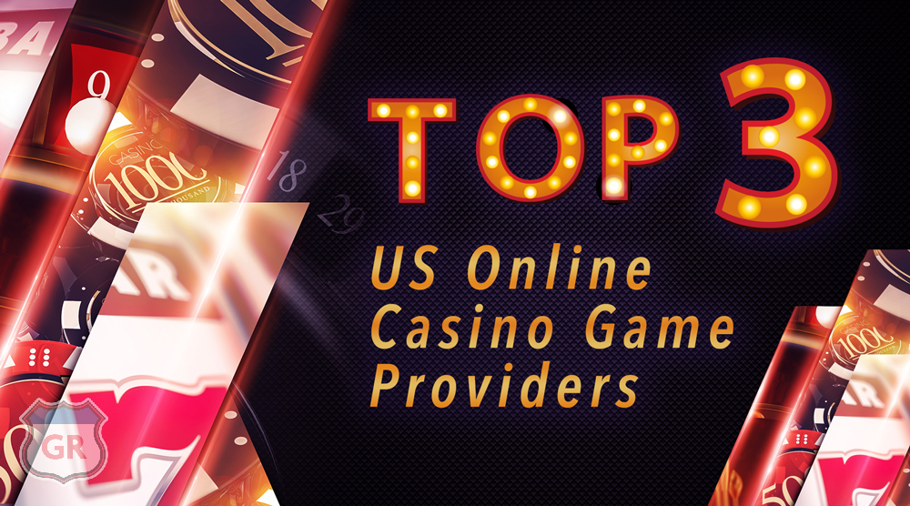 an dark purple background. on the left are abstract images of online casino gaming -- slots, dice, roulette, etc. on the right, there is text in a neon Las Vegas casino marquee font that says "Top 3 US Online Casino Suppliers"