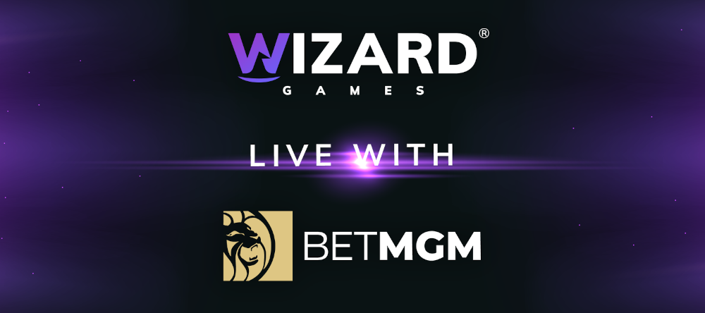 promo image for Wizard Games and BetMGM partnership, featuring both company's logos on purple background